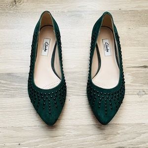 Clarks Narrative Suede Green Flats w/ Studs